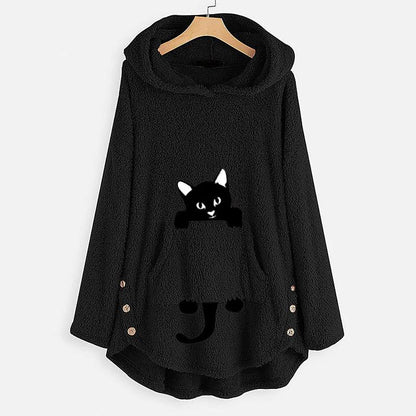 Women's Teddy Coat Cat Animal Front Pocket Hoodies Black __stock:50 Jackets & Coats refund_fee:1200