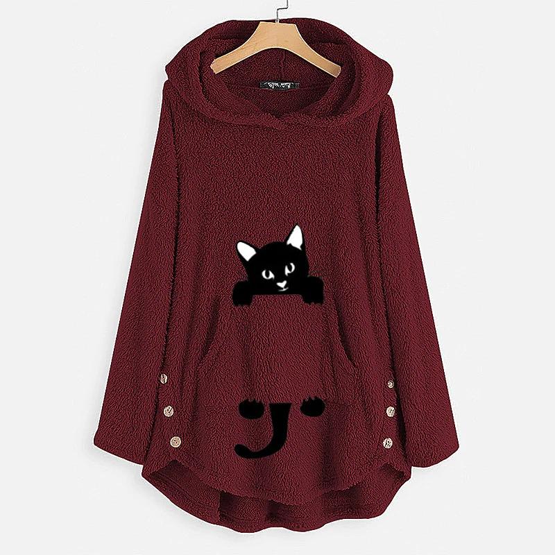 Women's Teddy Coat Cat Animal Front Pocket Hoodies Wine __stock:50 Jackets & Coats refund_fee:1200