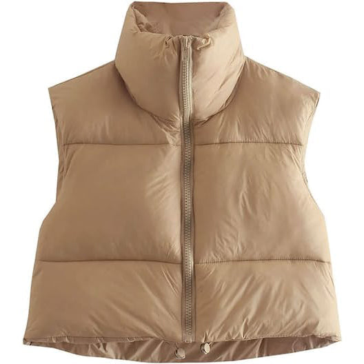 Women's Winter Crop Vest Lightweight Sleeveless Warm Outerwear Puffer Vest Padded Gilet Khaki __stock:200 Jackets & Coats refund_fee:1200