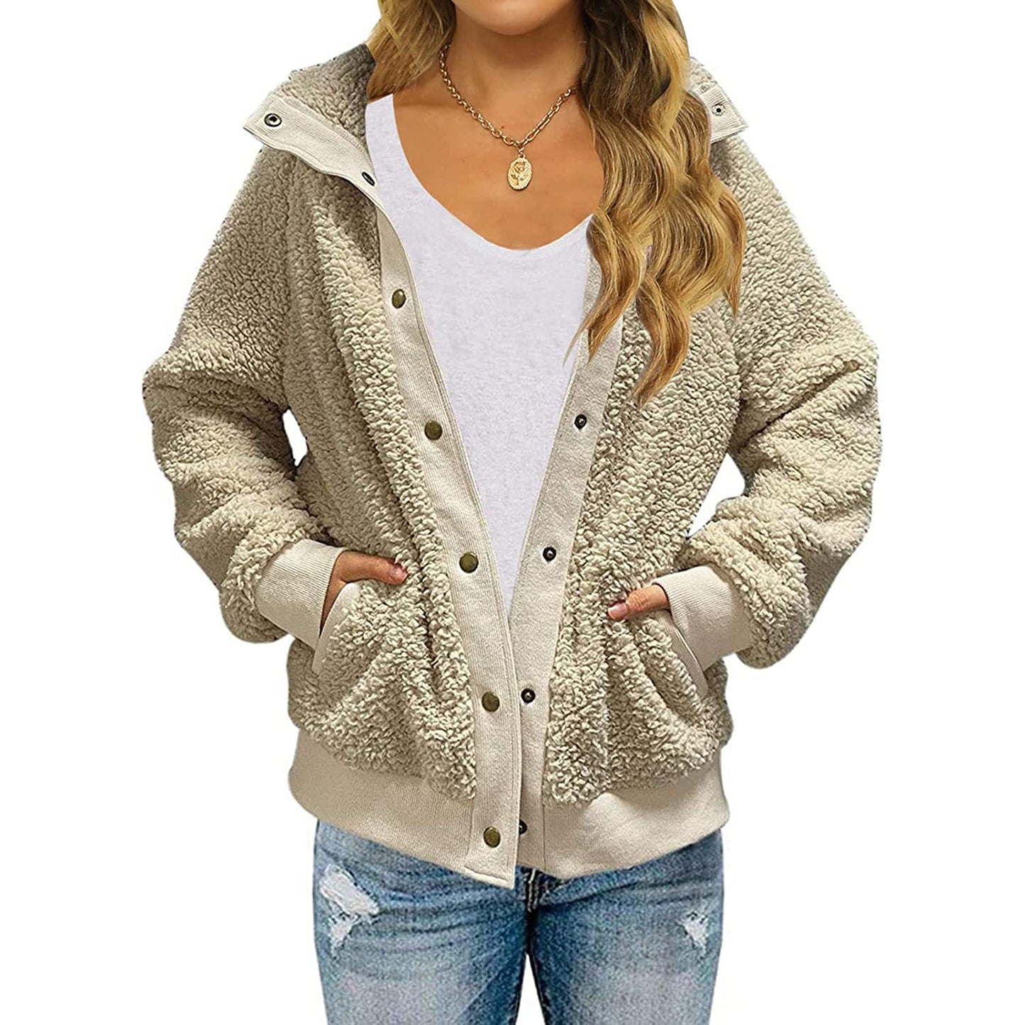 Womens Winter Sherpa Fleece Button Jacket Coat Beige __stock:200 Jackets & Coats refund_fee:1200