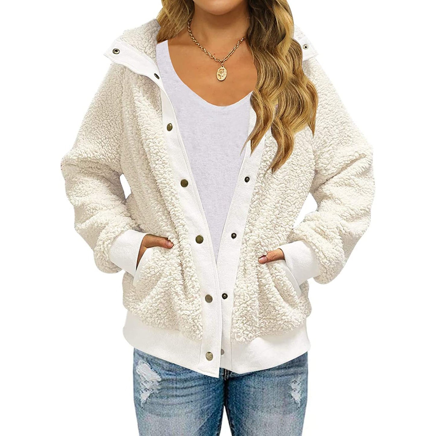 Womens Winter Sherpa Fleece Button Jacket Coat Cream __stock:200 Jackets & Coats refund_fee:1200