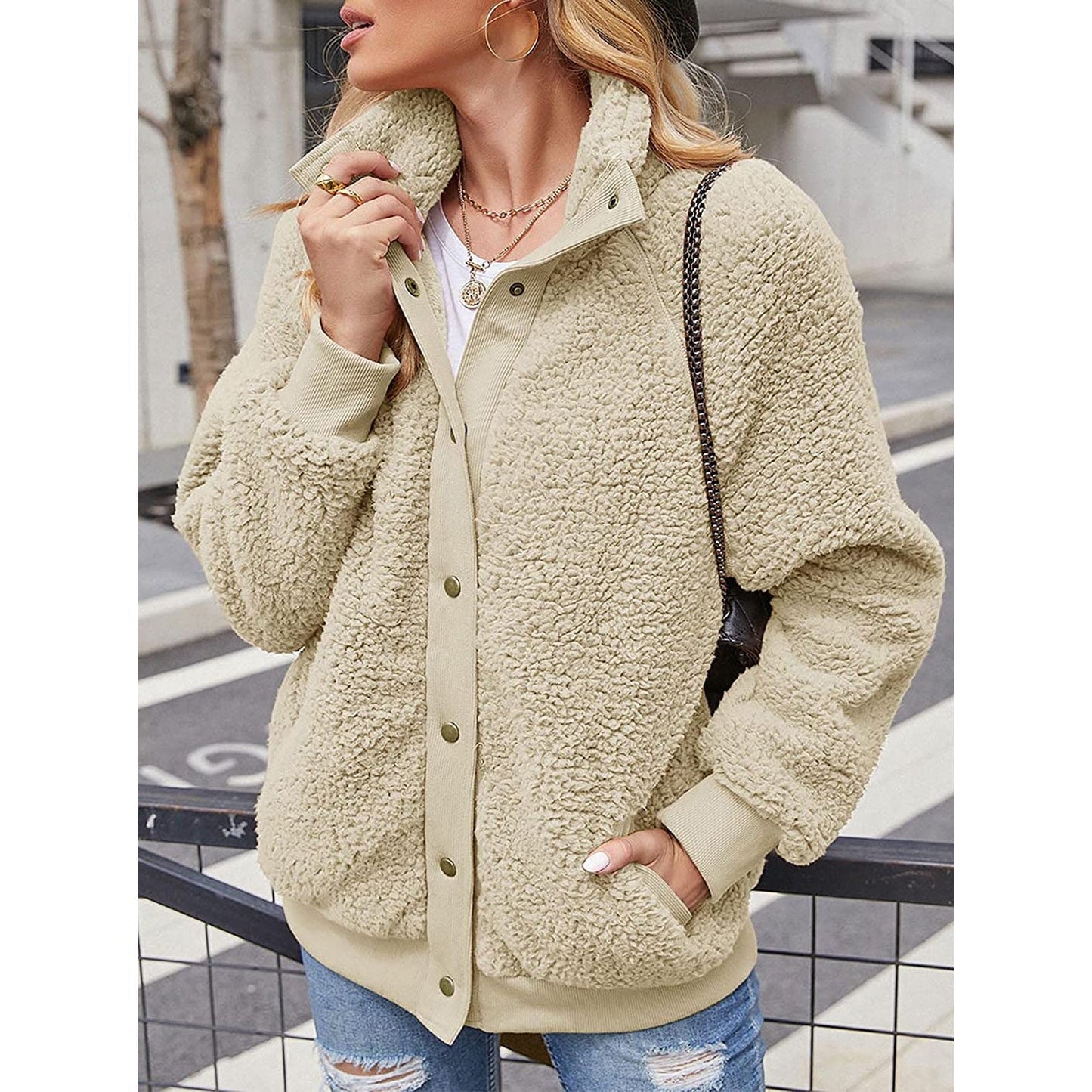 Womens Winter Sherpa Fleece Button Jacket Coat