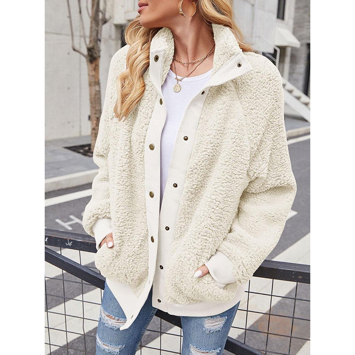 Womens Winter Sherpa Fleece Button Jacket Coat