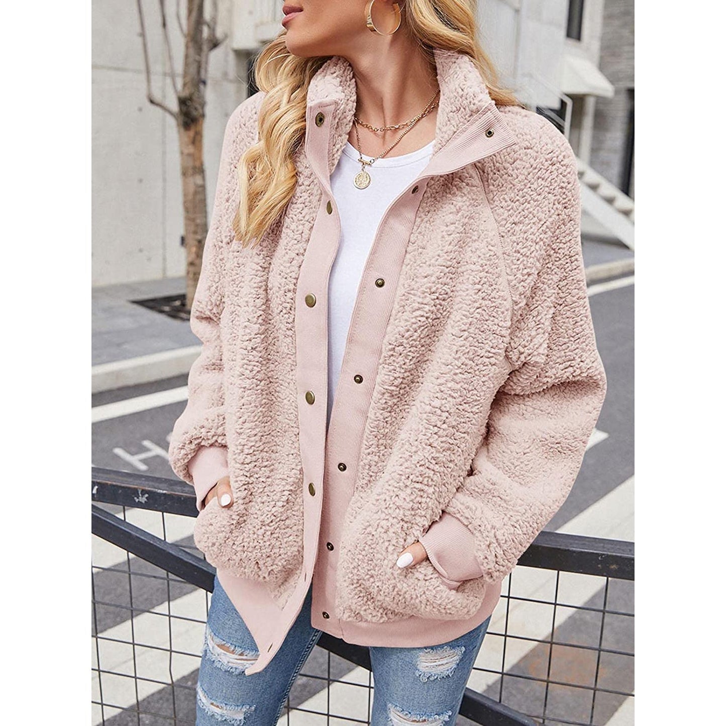 Womens Winter Sherpa Fleece Button Jacket Coat