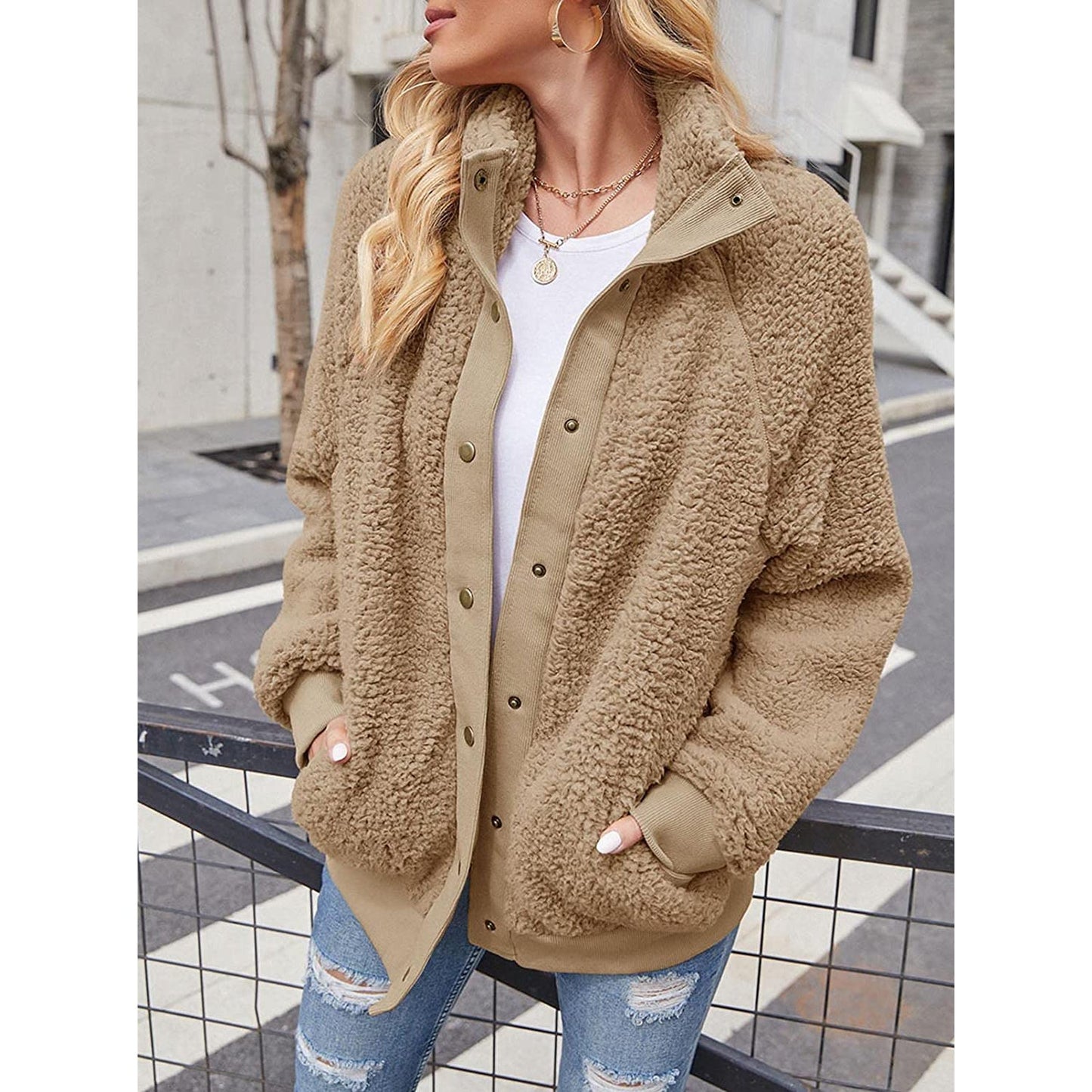 Womens Winter Sherpa Fleece Button Jacket Coat