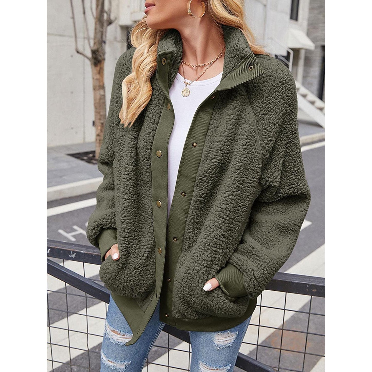 Womens Winter Sherpa Fleece Button Jacket Coat