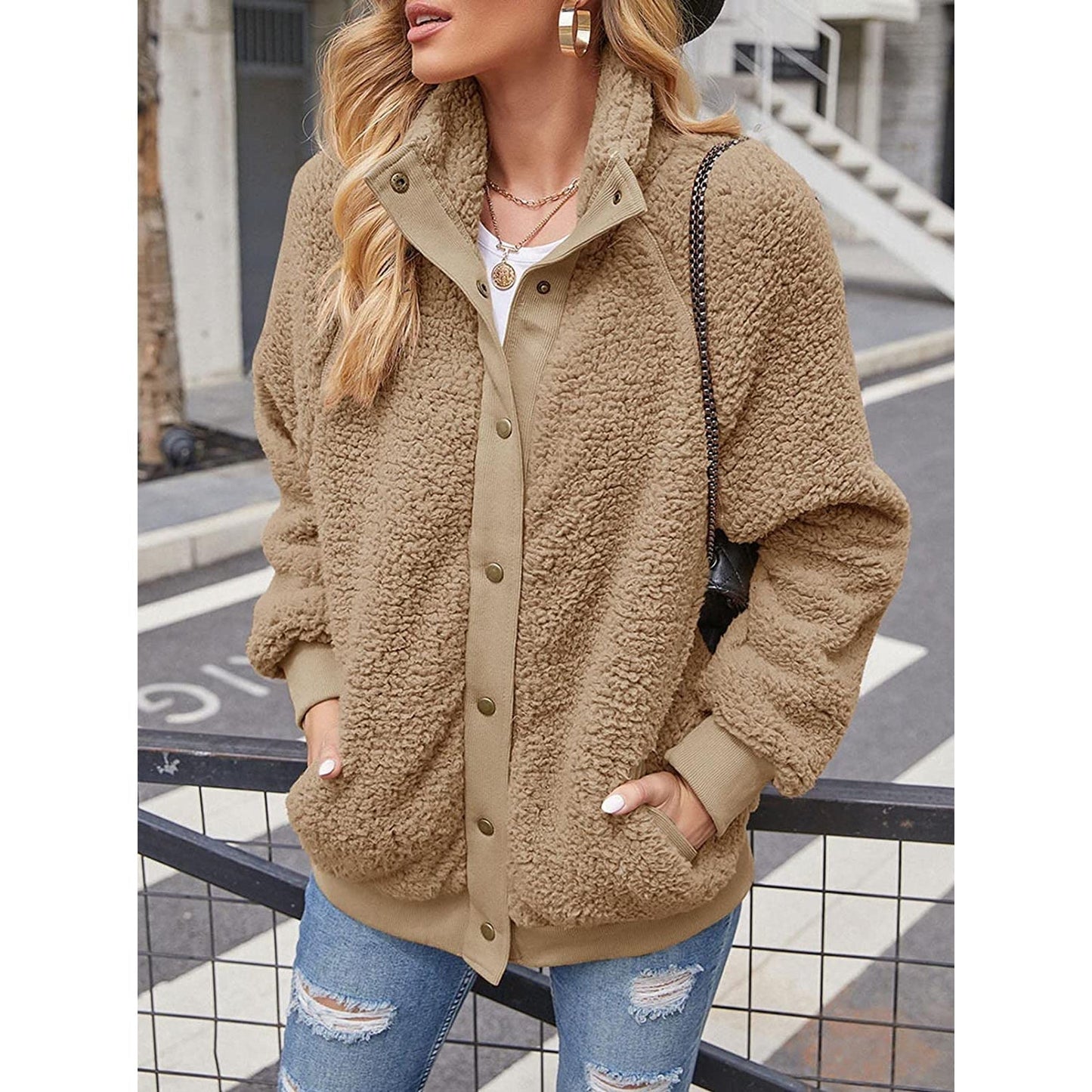 Womens Winter Sherpa Fleece Button Jacket Coat