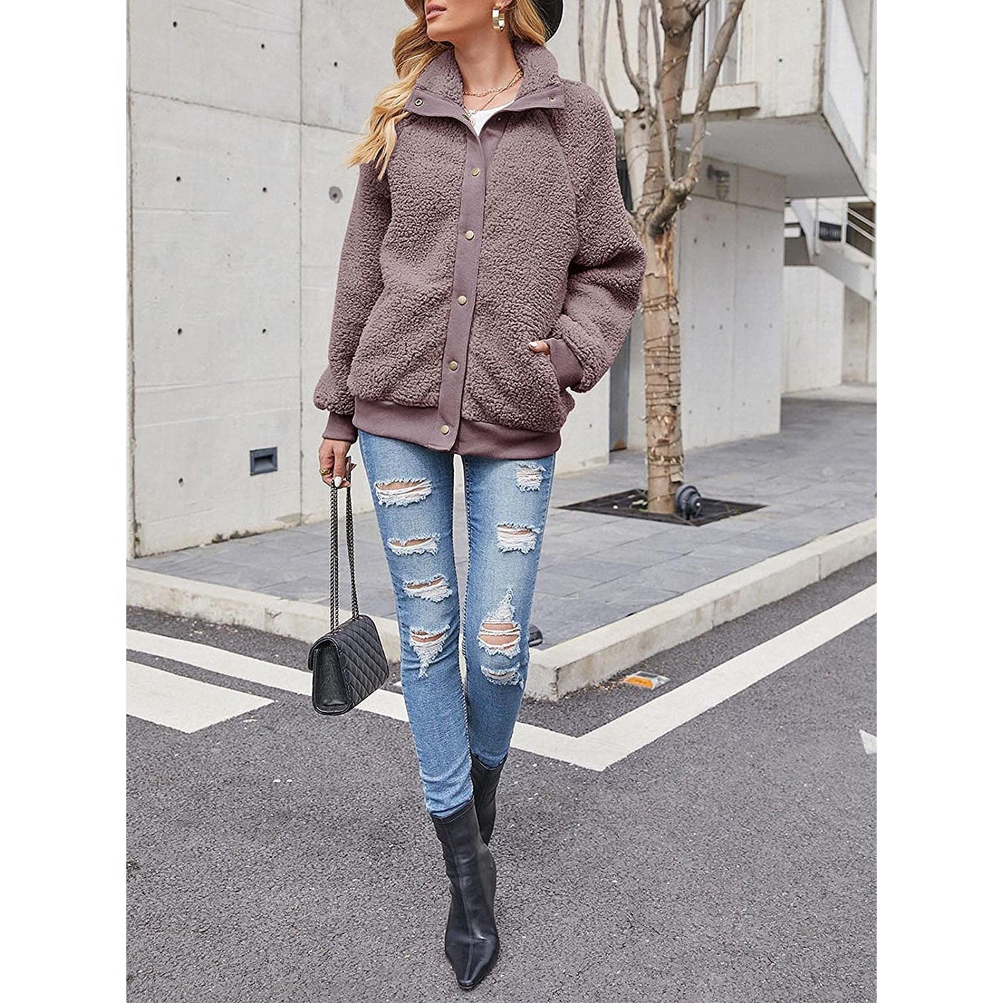 Womens Winter Sherpa Fleece Button Jacket Coat