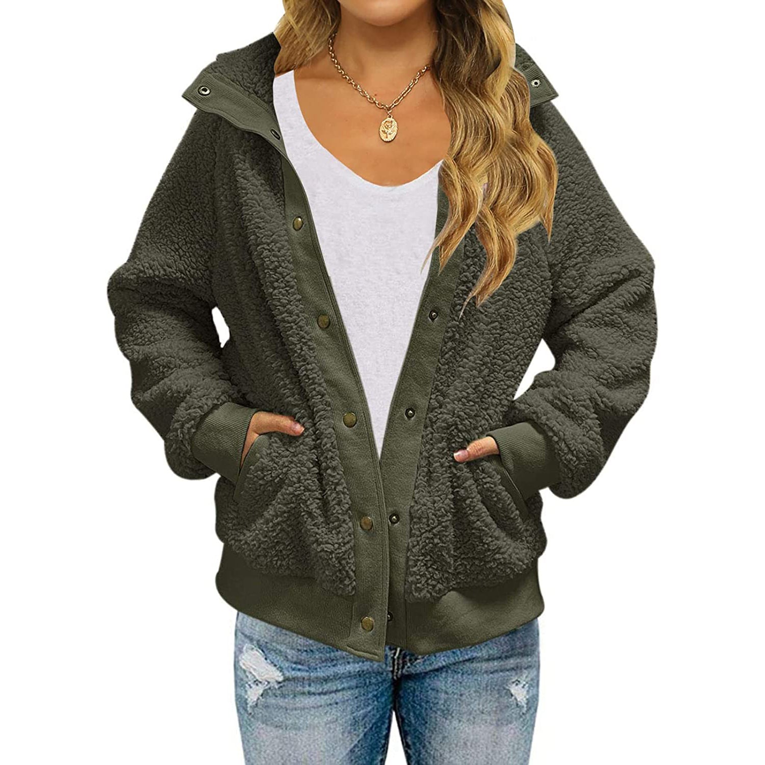 Womens Winter Sherpa Fleece Button Jacket Coat Green __stock:200 Jackets & Coats refund_fee:1200