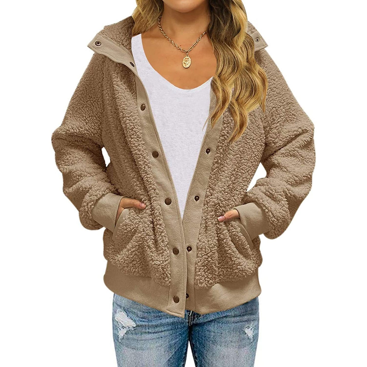 Womens Winter Sherpa Fleece Button Jacket Coat Khaki __stock:200 Jackets & Coats refund_fee:1200