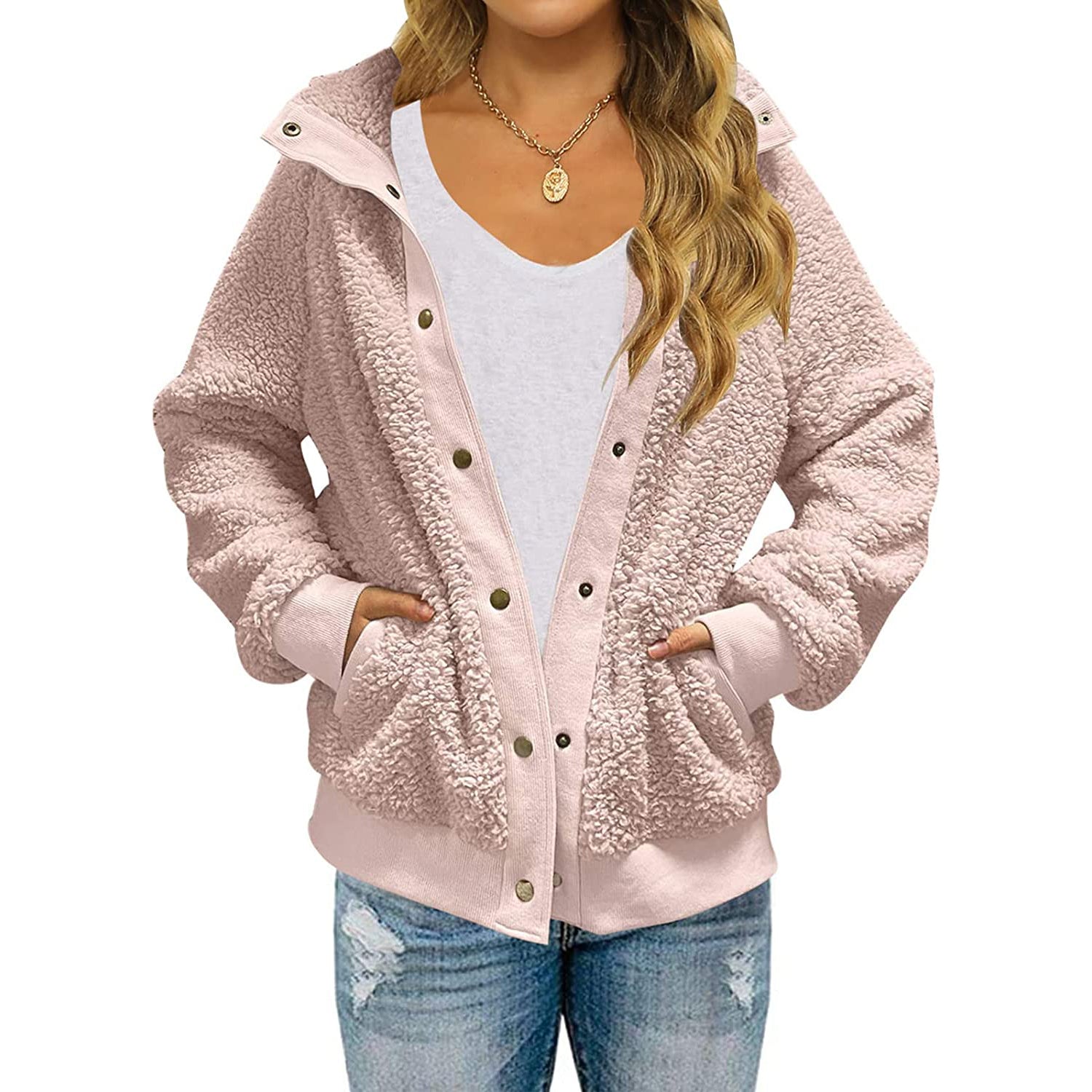 Womens Winter Sherpa Fleece Button Jacket Coat Pink __stock:200 Jackets & Coats refund_fee:1200