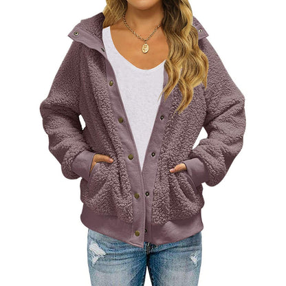 Womens Winter Sherpa Fleece Button Jacket Coat Purple __stock:200 Jackets & Coats refund_fee:1200