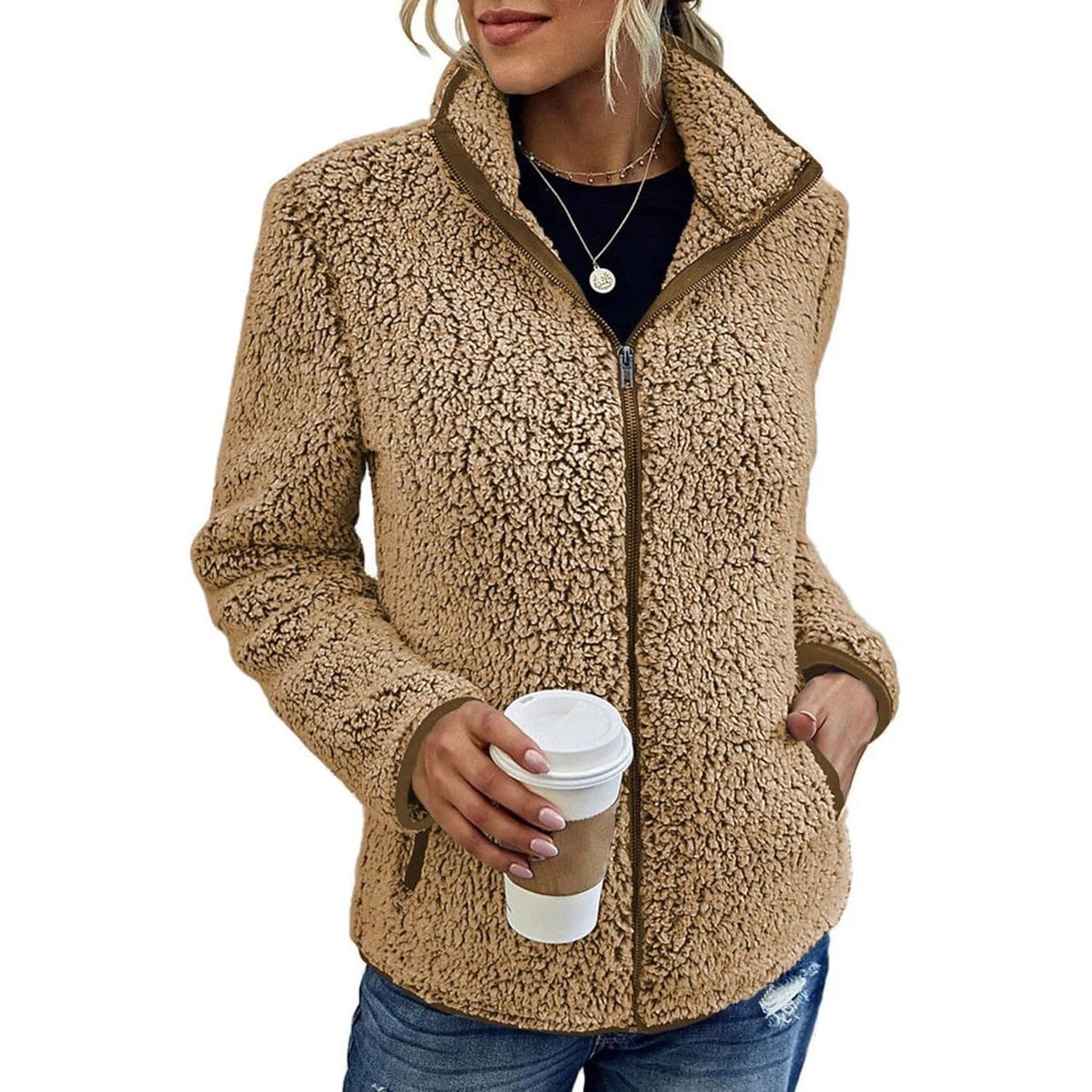 Women's Zip Up Jacket Long Sleeve Coffee __stock:200 Jackets & Coats refund_fee:1200