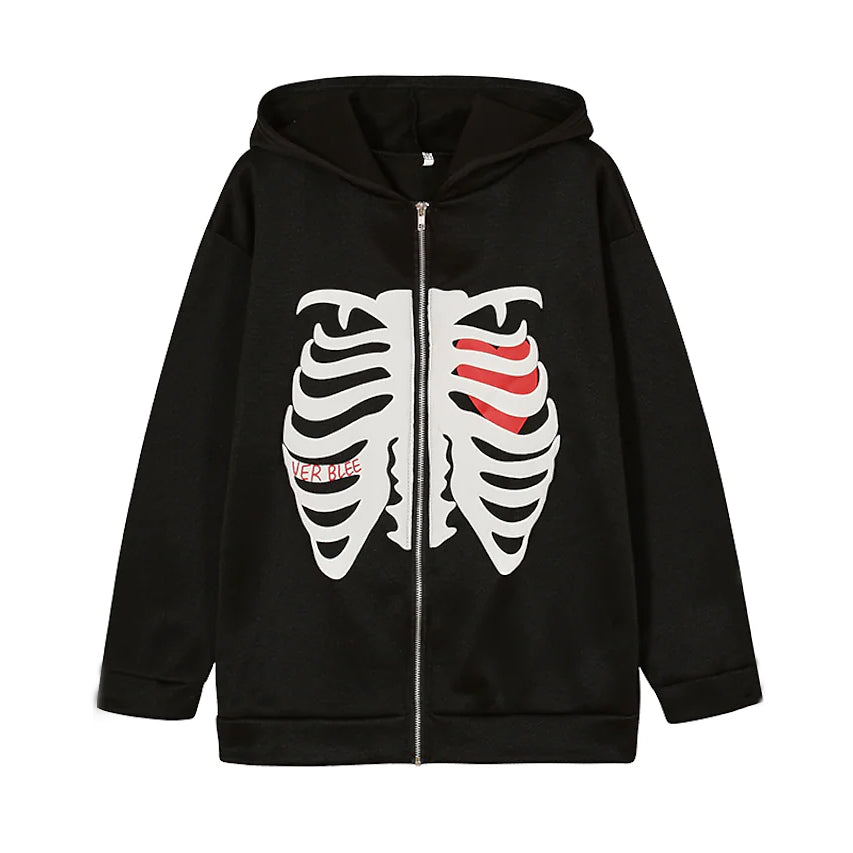 Women's Zip Up Skeleton Letter Hoodie Sweatshirt Black __stock:200 Jackets & Coats refund_fee:1200