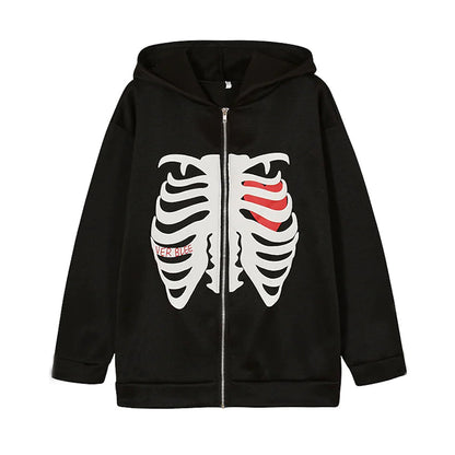 Women's Zip Up Skeleton Letter Hoodie Sweatshirt Black __stock:200 Jackets & Coats refund_fee:1200