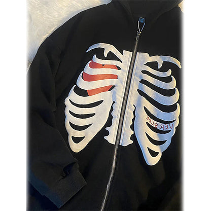 Women's Zip Up Skeleton Letter Hoodie Sweatshirt