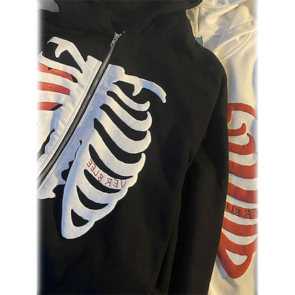 Women's Zip Up Skeleton Letter Hoodie Sweatshirt