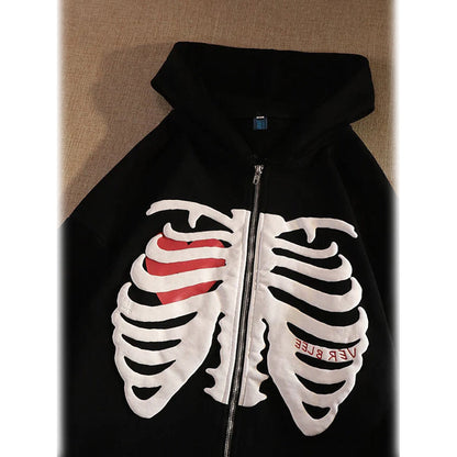 Women's Zip Up Skeleton Letter Hoodie Sweatshirt