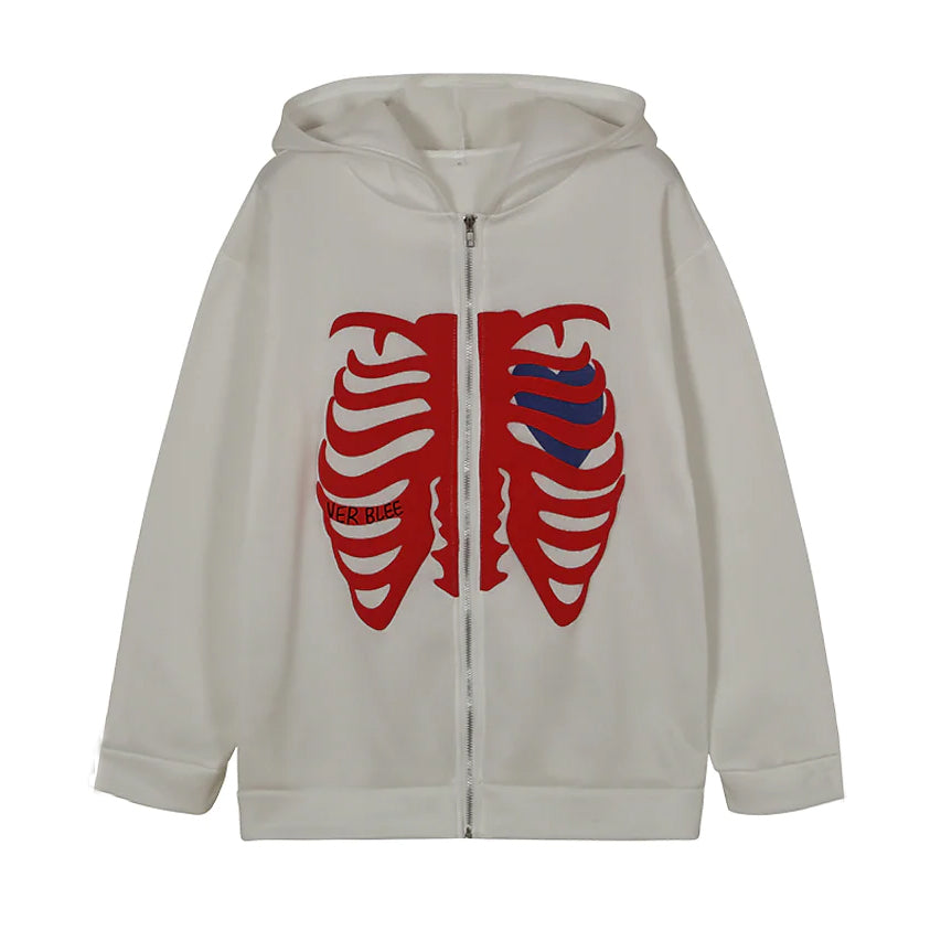 Women's Zip Up Skeleton Letter Hoodie Sweatshirt White __stock:200 Jackets & Coats refund_fee:1200