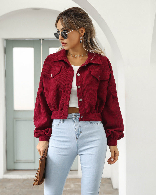 Corduroy Jacket Lantern Sleeve Single Breasted Short Jacket Women Wine Red Clothes Jackets & Coats