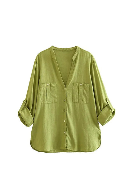 V-neck Pocket Roll-up Sleeve Button-Up Blouse