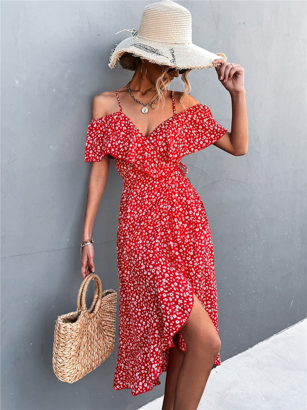 Rita Floral Backless Ruffle Slit Midi Dress